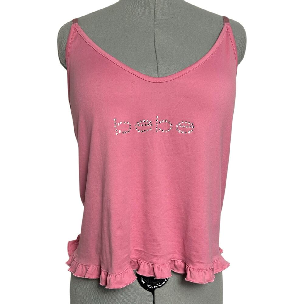 Y2K Bebe Pink Ruffled Rhinestoned Tank Top Size L